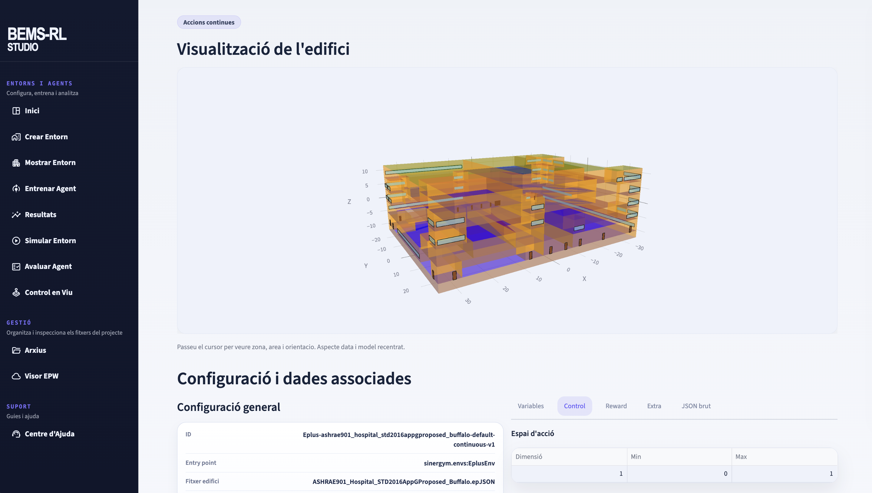 Captura de BEMS-RL Studio amb visualització 3D d'un edifici i configuració associada