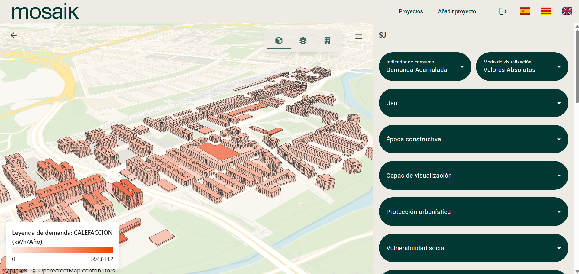 Vista urbana amb capes energètiques de MOSAIK